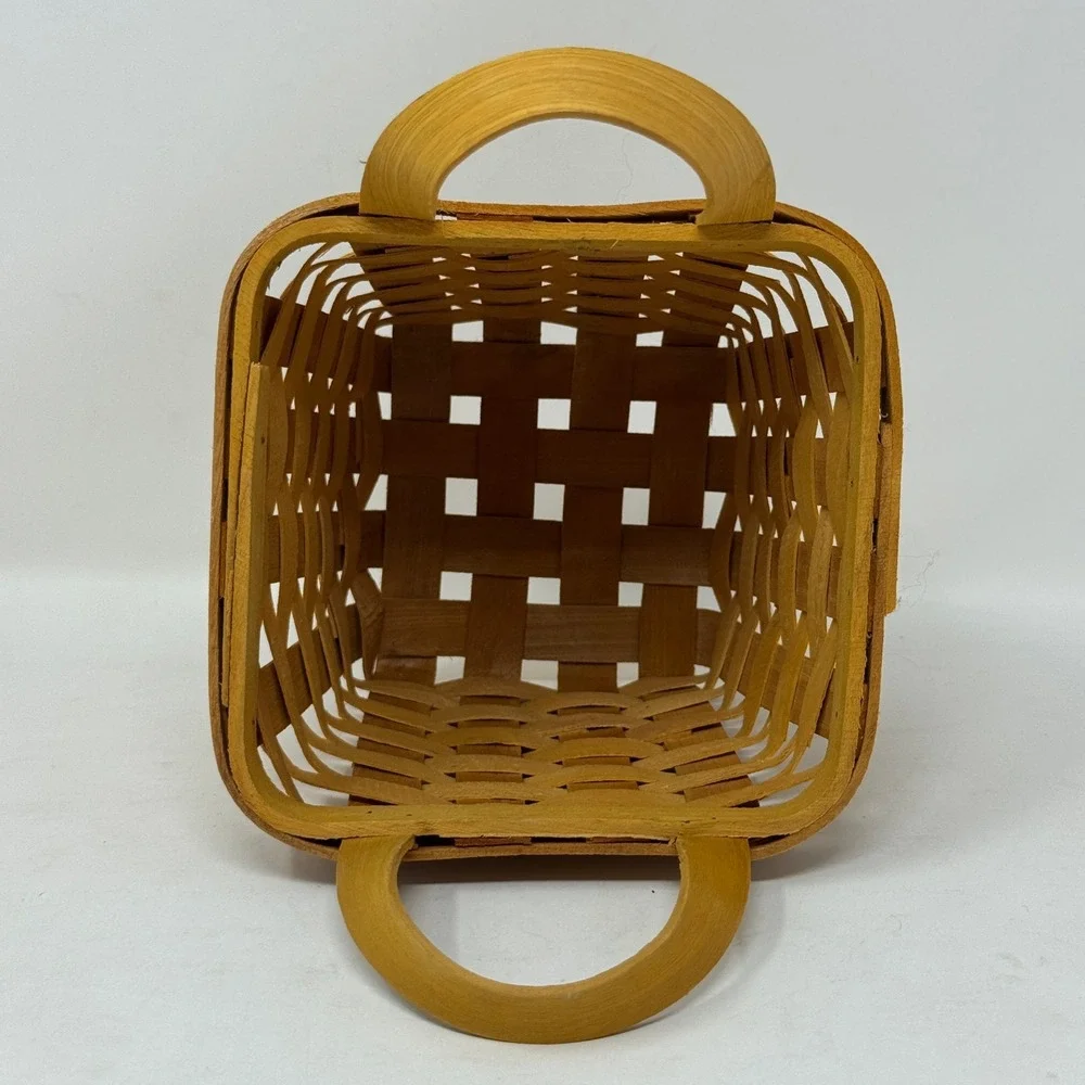 Square Woven Wood Splint Basket with Handles Natural Honey Brown Farmhouse Decor